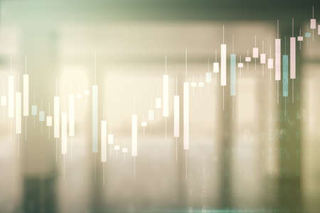 Multi exposure of virtual abstract financial diagram on abstract empty interior background, banking and accounting conceptの写真素材