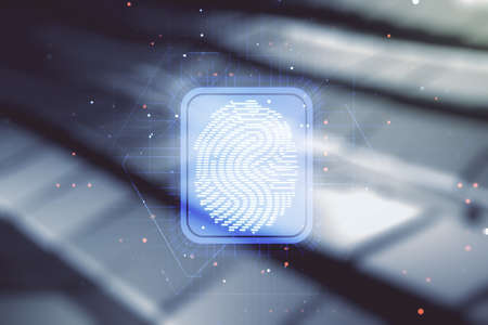 Abstract virtual fingerprint illustration on abstract metal background, personal biometric data concept. Multiexposureの写真素材