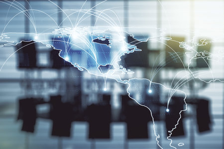 Double exposure of abstract digital world map hologram with connections on a modern boardroom...