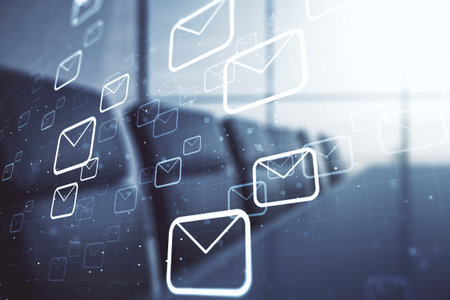 Abstract virtual postal envelopes illustration on a modern conference room background. Email and...