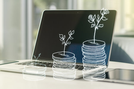 Double exposure of cash savings hologram on laptop background. Development and achievement of goals conceptの写真素材