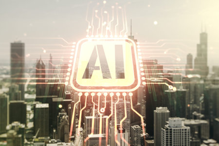 Abstract virtual artificial Intelligence symbol hologram on Chicago skyline background....