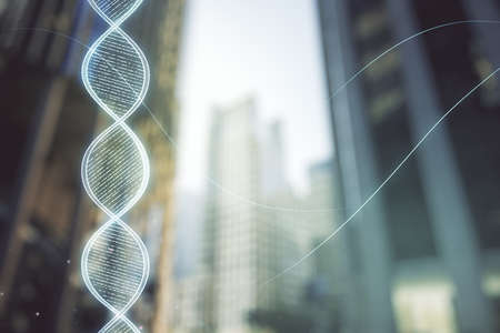 Double exposure of creative DNA hologram on modern skyscrapers background. Bio Engineering and DNA Research conceptの写真素材