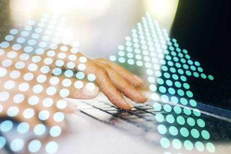 Creative abstract upward arrows sketch and hands typing on computer keyboard on background, target and goal concept. Multiexposureの写真素材