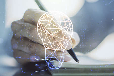 Creative idea concept with light bulb illustration and hand writing in notebook on background. Multiexposureの写真素材