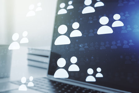 Social network concept with modern laptop on background. Multiexposureの写真素材