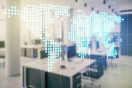 Abstract creative world map interface on a modern furnished office background, international trading...