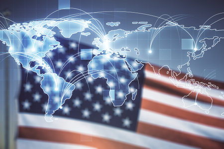 Abstract virtual world map with connections on USA flag and sunset sky background, international...