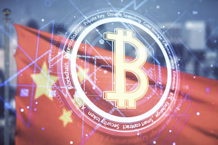 Virtual Bitcoin hologram on flag of China and blurry cityscape background. Multiexposureの写真素材