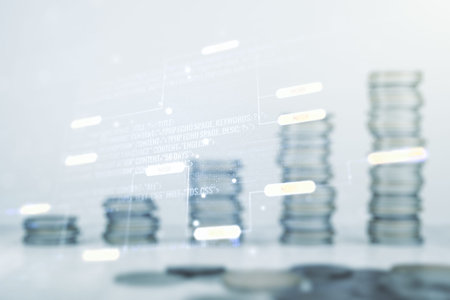 Multi exposure of abstract software development hologram on growing stacks of coins background,...