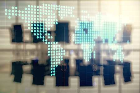 Multi exposure of abstract creative digital world map hologram on a modern conference room...