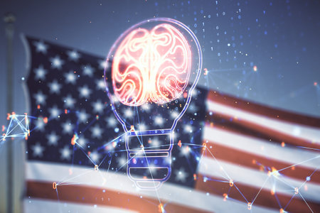 Abstract virtual idea concept with light bulb and human brain illustration on US flag and blue sky...