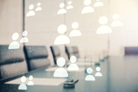 Abstract virtual social network concept on a modern conference room background. Multiexposureの写真素材