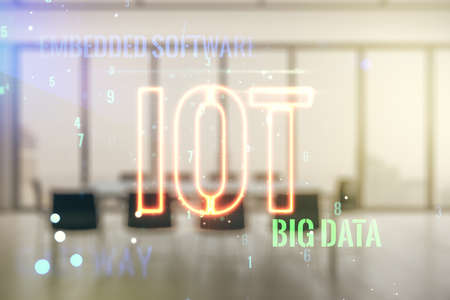 Double exposure of abstract virtual IOT hologram on a modern meeting room background, research and development conceptの写真素材