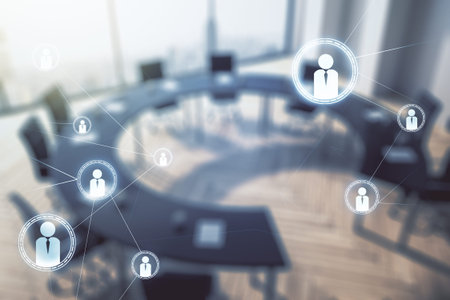 Double exposure of social network icons hologram on a modern boardroom background. Networking...