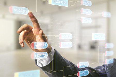 Multi exposure of man hand presses on abstract software development hologram on blurred office...