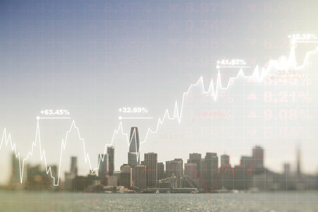 Multi exposure of virtual abstract financial diagram on San Francisco office buildings background,...