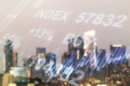 Double exposure of virtual creative financial diagram on blurry office buildings background, banking...