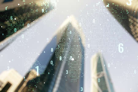 Multi exposure of abstract software development hologram and world map on modern skyscrapers background, global research and analytics conceptの写真素材