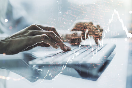 Multi exposure of abstract creative financial chart with world map and with hand typing on computer...