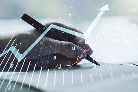 Abstract creative financial graph with upward arrow and man hand writing in diary on background,...