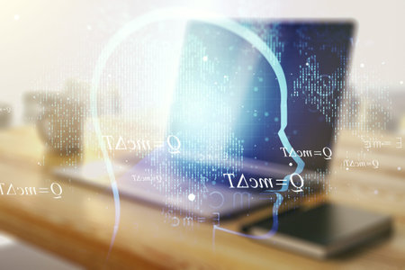 Creative artificial Intelligence concept with human head sketch and modern desktop with pc on...