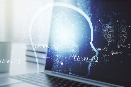 Creative artificial Intelligence concept with human head hologram on modern laptop background....