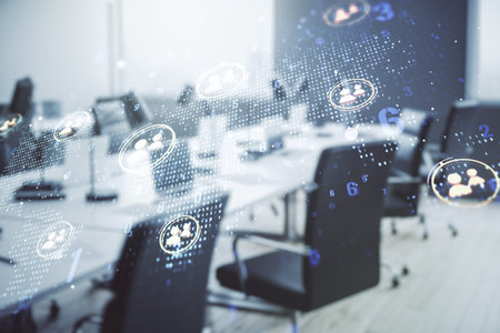Double exposure of social network icons interface and world map on a modern furnished office...