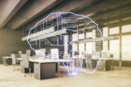Virtual creative artificial Intelligence hologram with human brain sketch on a modern furnished...