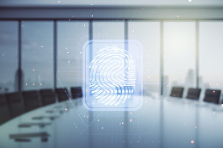 Abstract virtual fingerprint illustration on a modern coworking room background, personal biometric...
