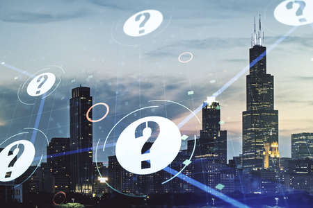 Abstract virtual question mark illustration on Chicago skyline background. FAQ and search concept. Multiexposureの写真素材