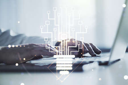 Creative light bulb illustration with microcircuit and hands typing on computer keyboard on background, future technology concept. Multiexposureの写真素材