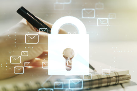 Creative lock sketch with email symbols hologram and woman hand writing in notepad on background,...