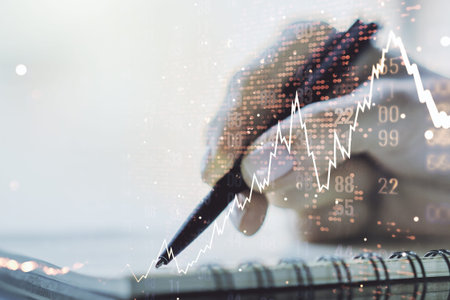 Double exposure of abstract creative financial diagram with world map and with woman hand writing in...