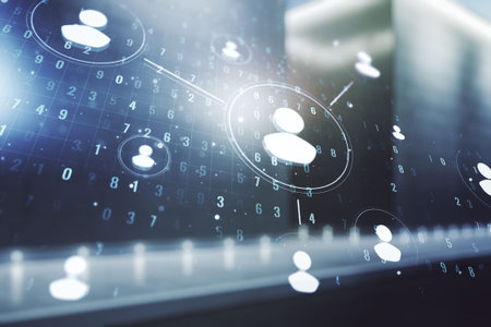 Double exposure of social network icons hologram on contemporary business center exterior...