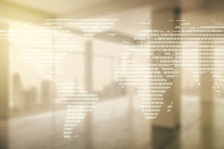 Multi exposure of abstract graphic world map hologram on abstract empty interior background, connection and communication conceptの写真素材