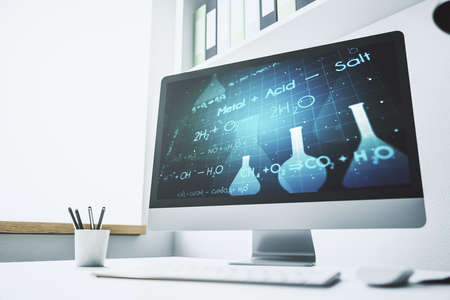 Modern computer monitor with creative chemistry concept, research and development concept. 3D Renderingの写真素材