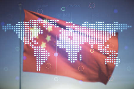 Multi exposure of abstract creative digital world map hologram on flag of China and sunset sky background, tourism and traveling conceptの写真素材