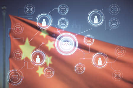 Double exposure of social network icons hologram on Chinese flag and sunset sky background. Networking conceptの写真素材