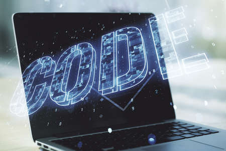 Creative Code word sign on modern computer background, international software development concept. Multiexposureの写真素材