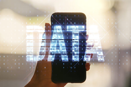 Creative Data word hologram and hand with cellphone on background, big data and blockchain concept. Multiexposureの写真素材