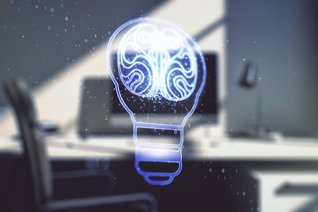 Creative light bulb with human brain hologram and modern desk with computer on background,...