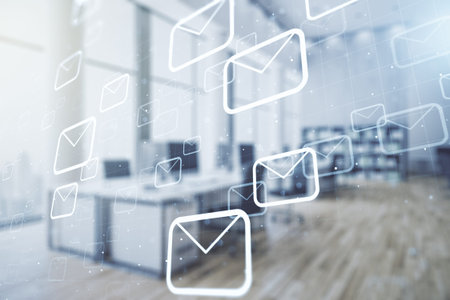 Abstract virtual postal envelopes hologram on a modern furnished classroom background, email and...