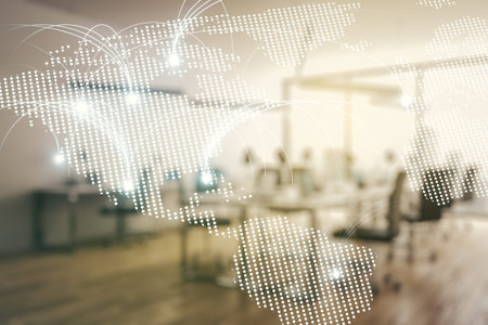 Abstract virtual world map with connections on a modern furnished office background, international...