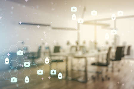 Abstract virtual medical illustration on a modern furnished office background. Medicine and healthcare concept. Multiexposureの写真素材