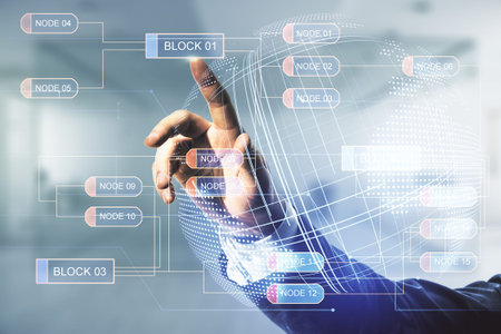 Male hand clicks on abstract virtual coding illustration and world map on blurred office background,...