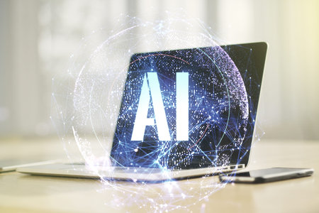 Creative artificial Intelligence symbol concept with modern computer on background. Double exposure