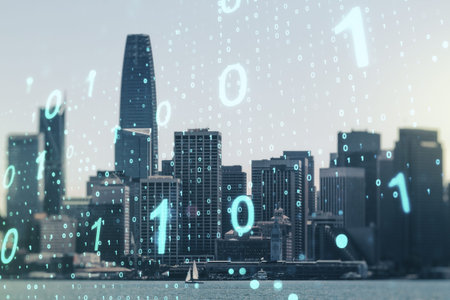 Double exposure of abstract virtual binary code hologram on San Francisco city skyscrapers...