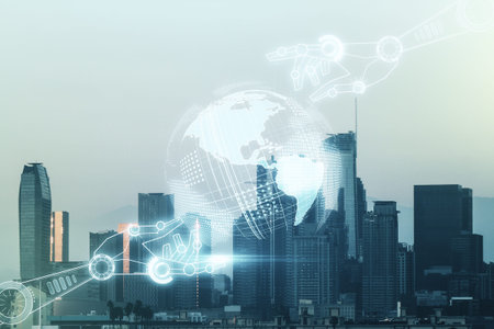 Double exposure of abstract virtual robotics technology with world map hologram on Los Angeles city...