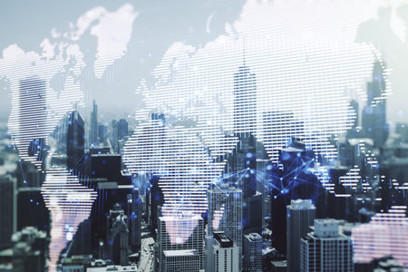 Abstract creative world map interface on Chicago skyline background, international trading concept....